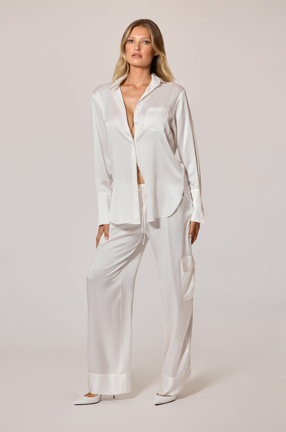 Ivory Perforated Polka Dot Holes Oversized Loose Boyfriend Shirt Front