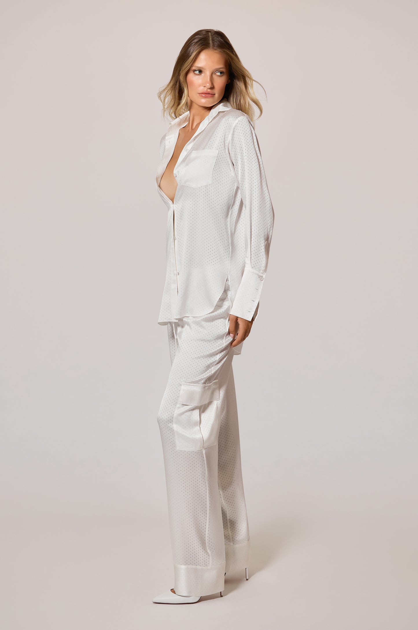 Ivory Perforated Polka Dot Holes Oversized Loose Boyfriend Shirt Side