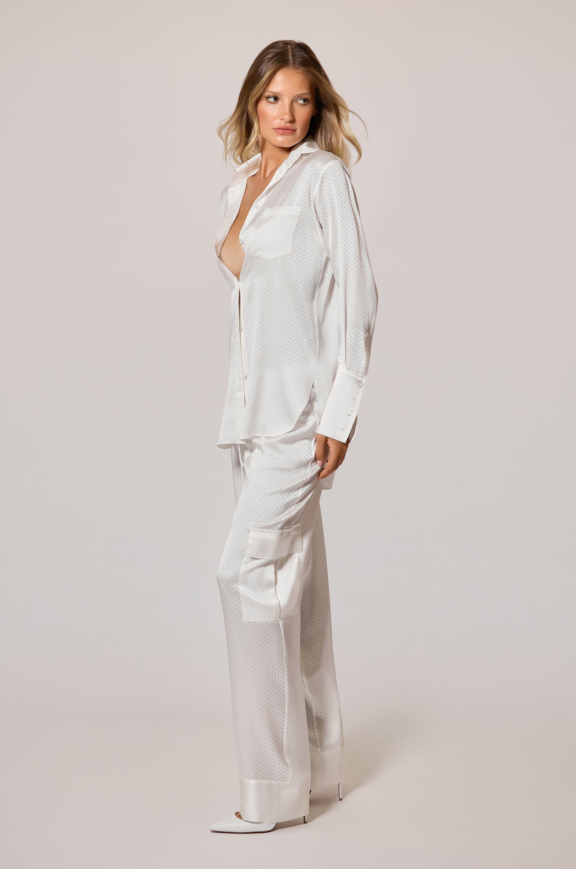 Ivory Perforated Polka Dot Holes Oversized Loose Boyfriend Shirt Side