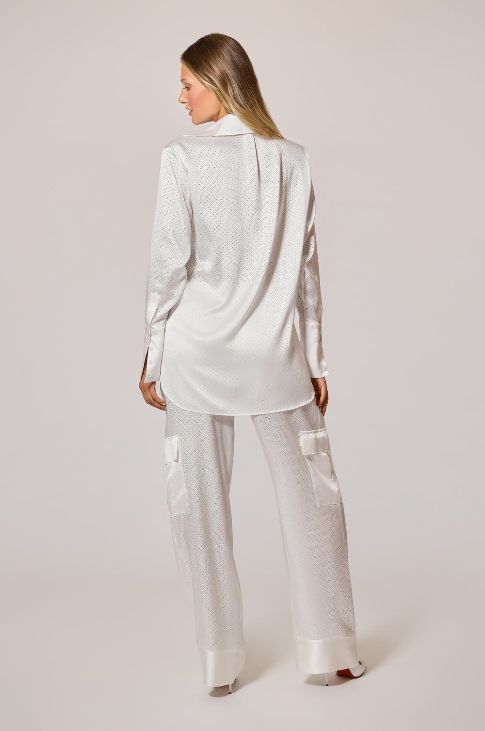 Ivory Perforated Polka Dot Holes Oversized Loose Boyfriend Shirt Back