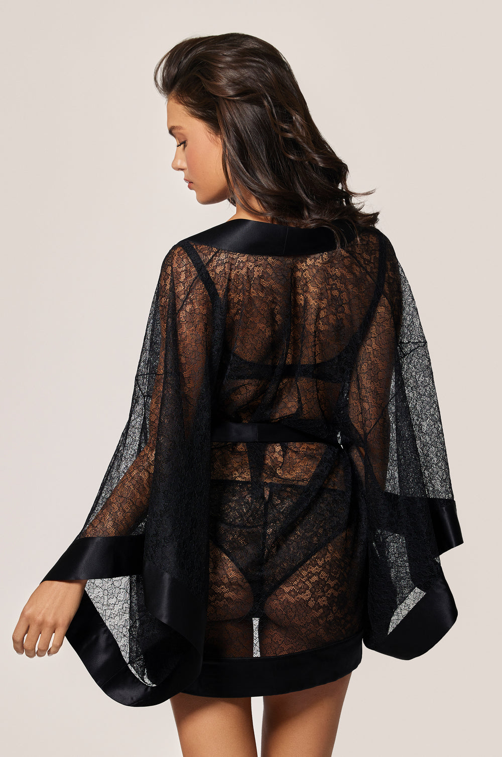 Black Floral Lace Unlined Satin Finishes Front Tie Short Robe Kimono Back