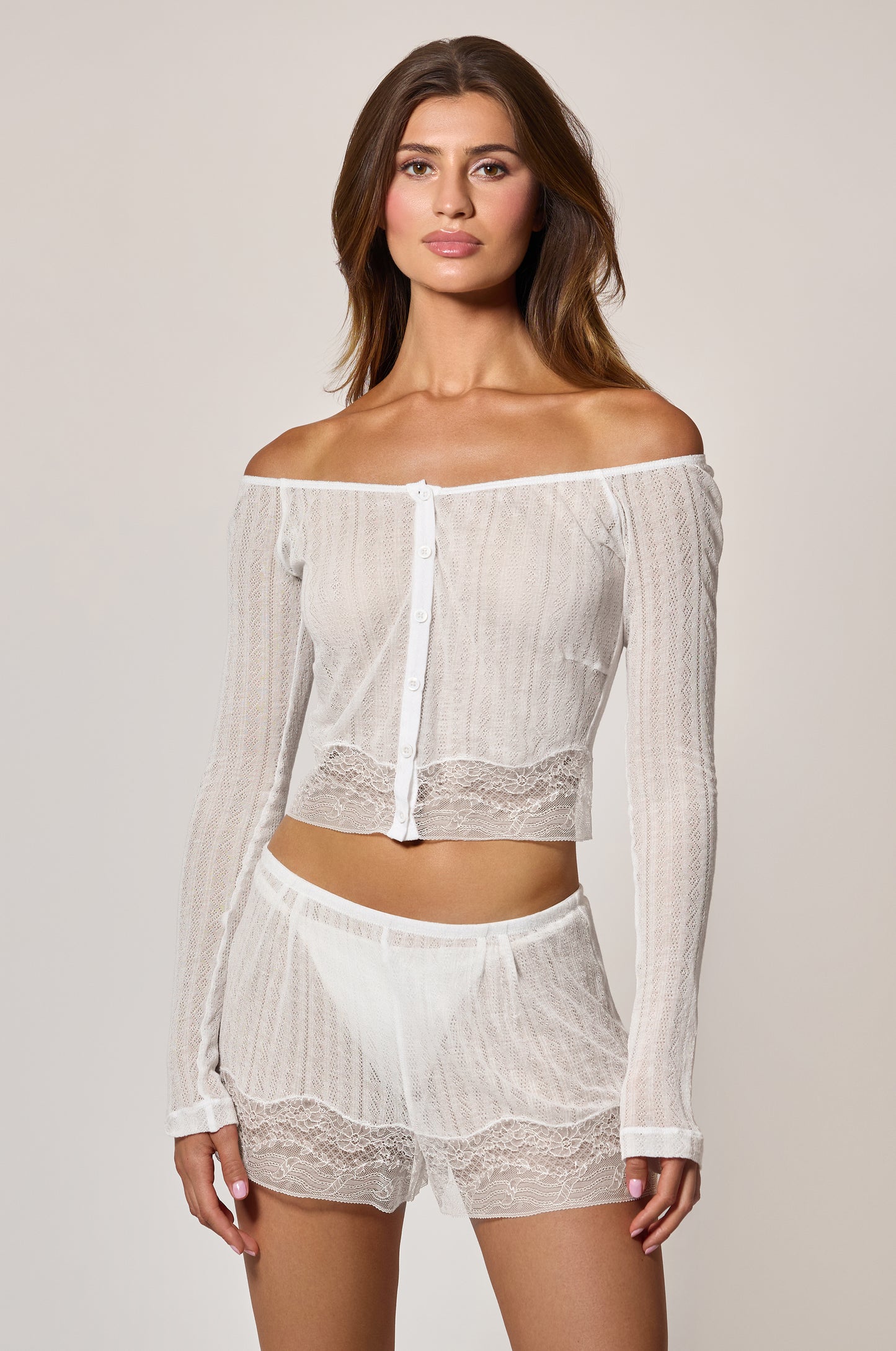 Ivory Pointelle Off Shoulder Button Up Cropped Sheer Cardigan Lace Detail Front