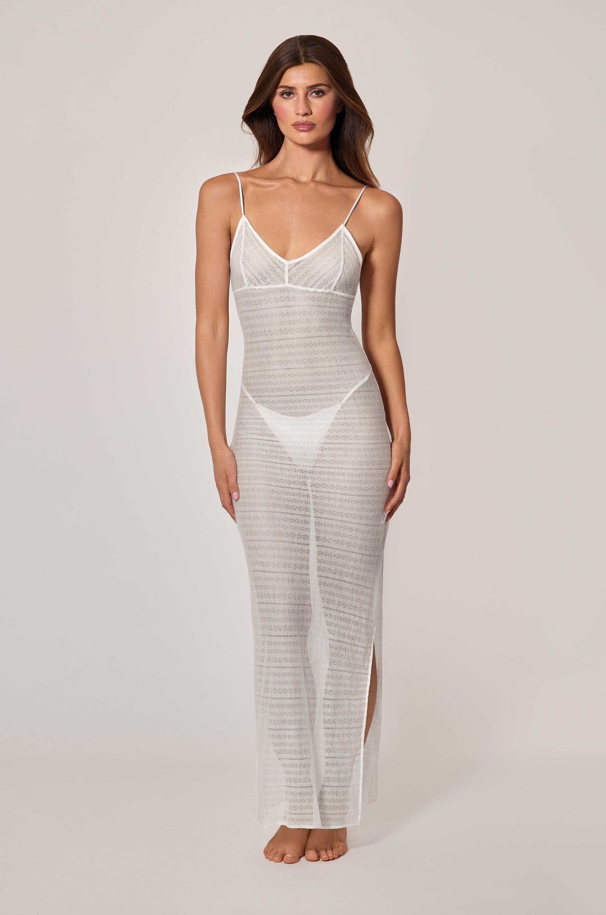 Ivory Pointelle Stripped Lace Maxi Sheer Dress Front