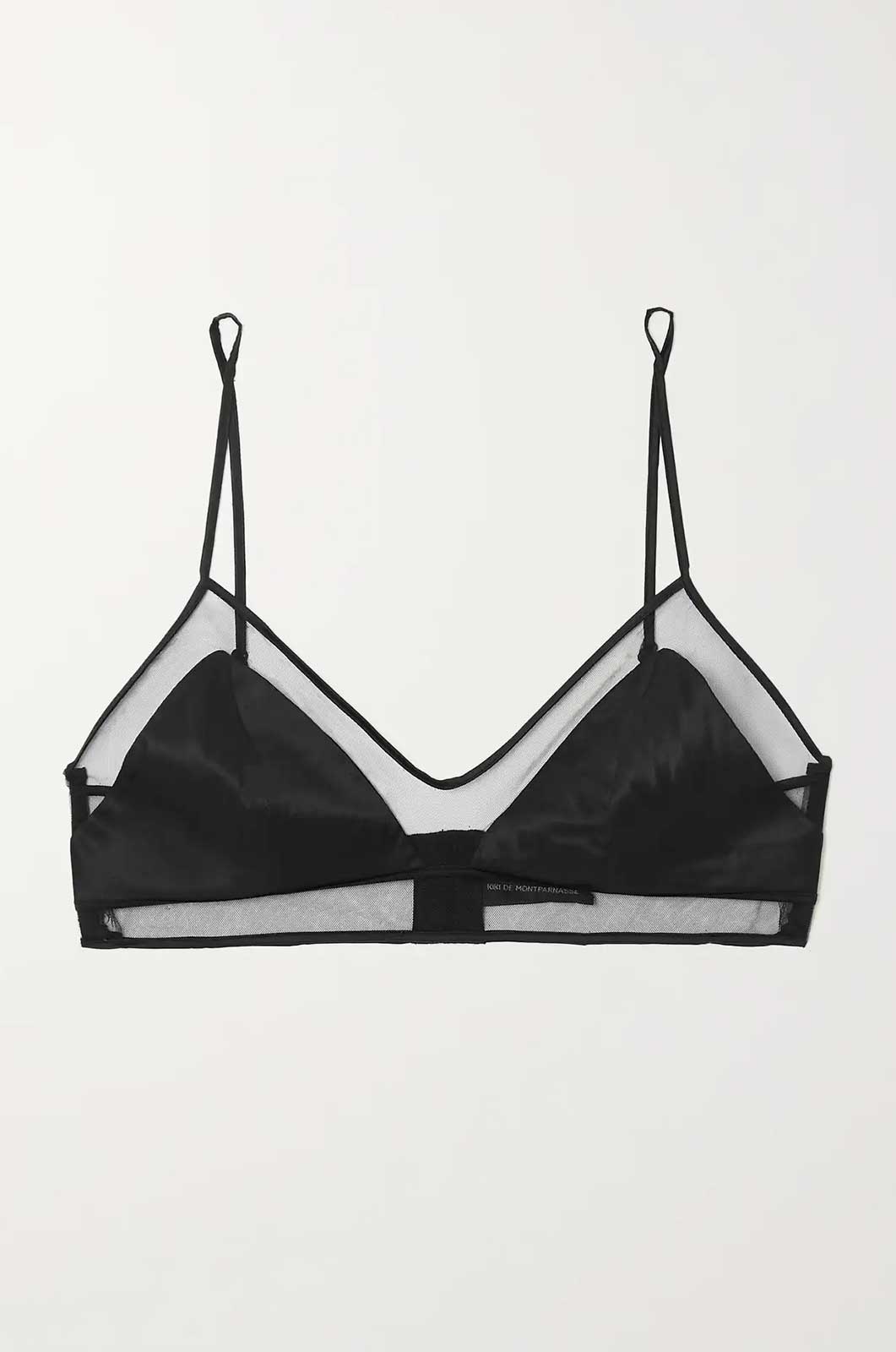 Longline soft bra with sheer outlining and thin straps in black flat lay 