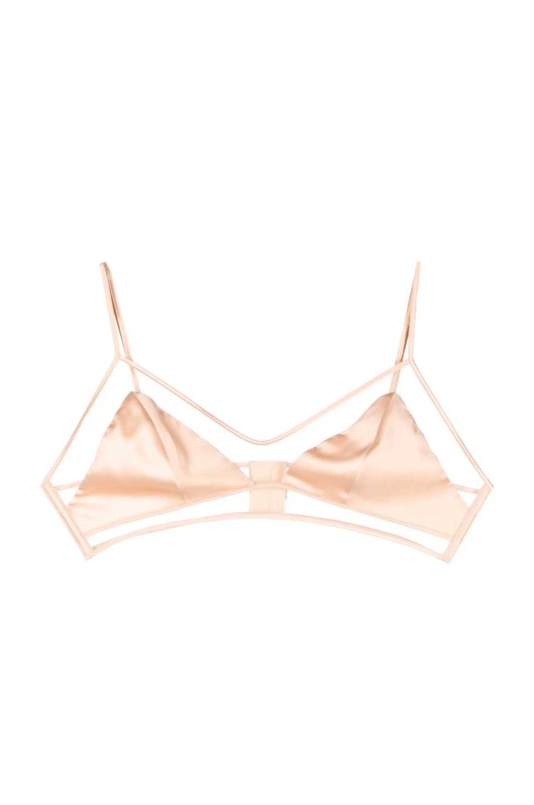 Longline soft bra with sheer outlining and thin straps in blush flat lay 