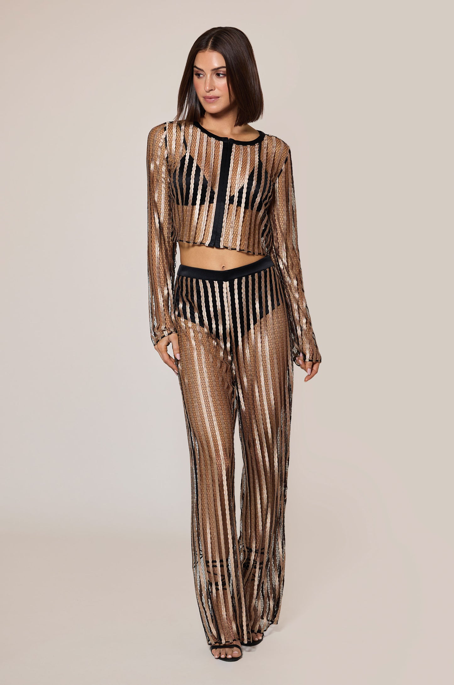 Sable Light Brown Gold Black Striped Sheer Hook and Eye Cropped Cardigan Front