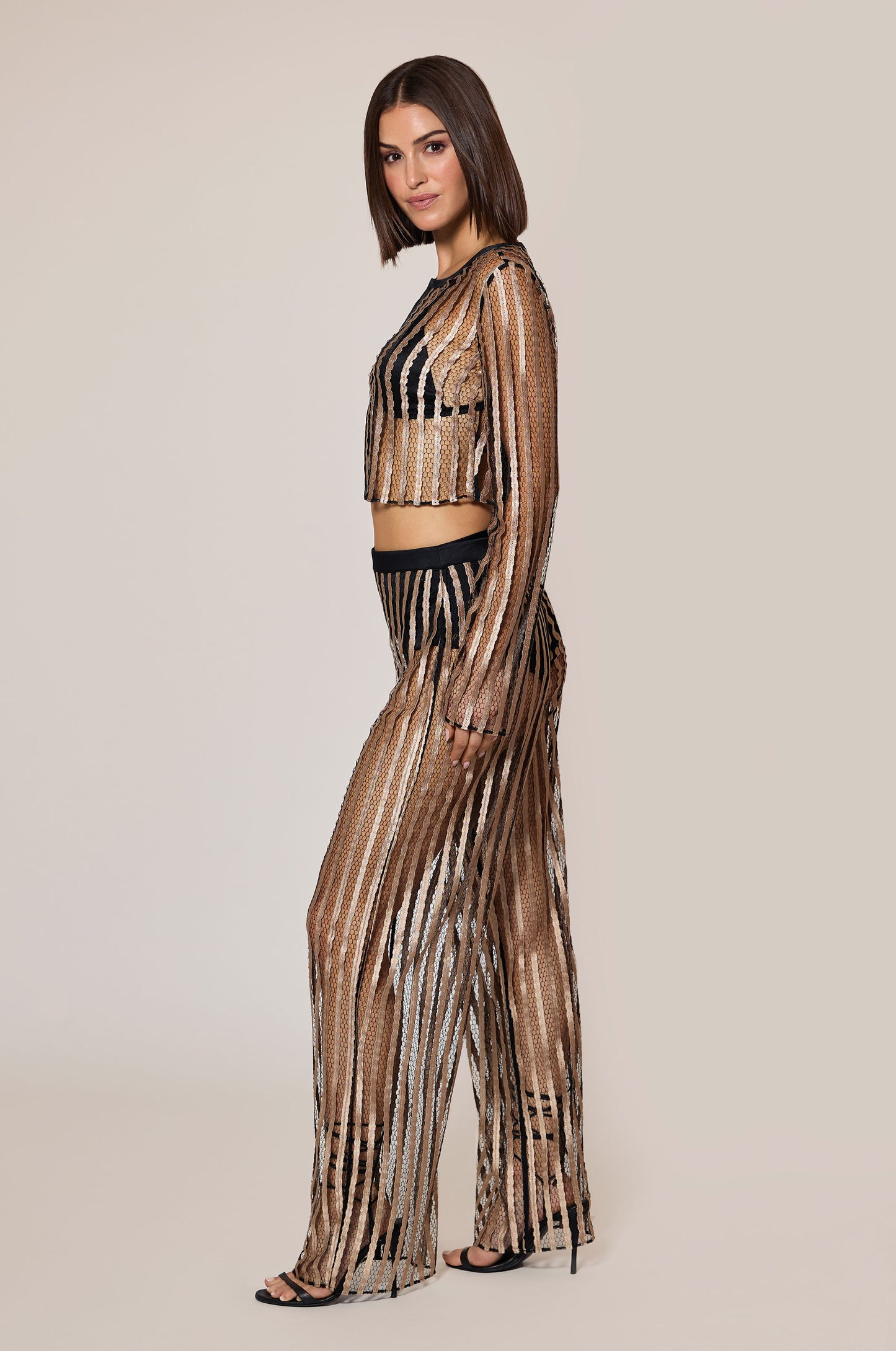 Sable Light Brown Gold Black Striped Sheer Hook and Eye Cropped Cardigan Side