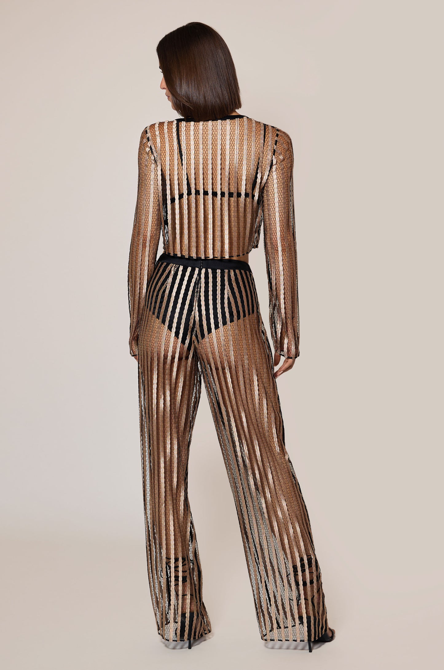 Sable Light Brown Gold Black Striped Sheer Hook and Eye Cropped Cardigan Back