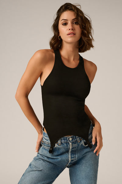 classic racerback tank with a garter belt silhouette and clips.
