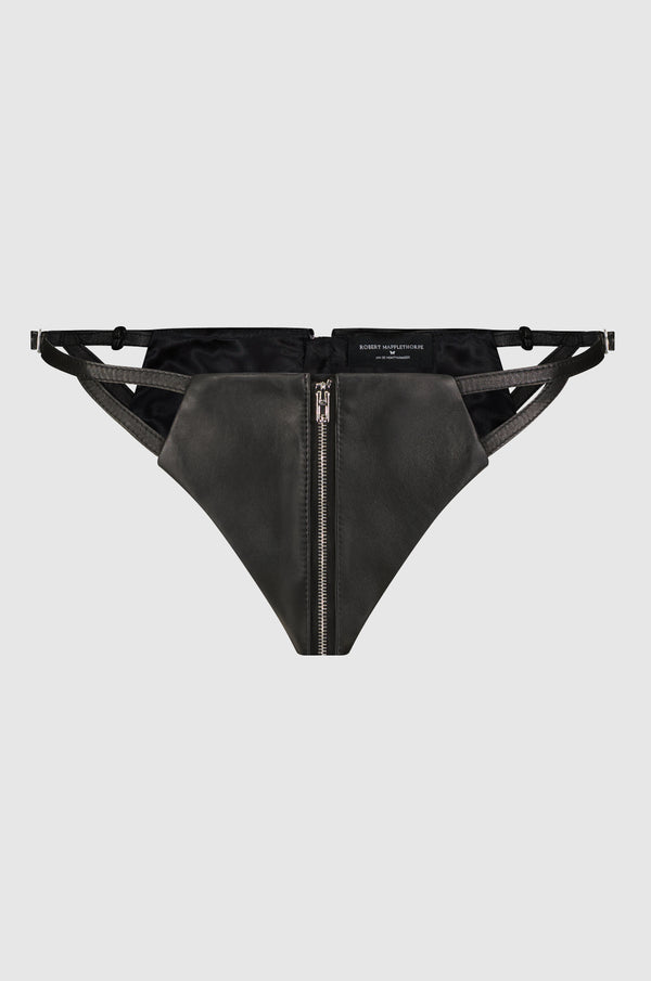 Black Leather panty with zipper detail from front to back and double adjustable side straps. 