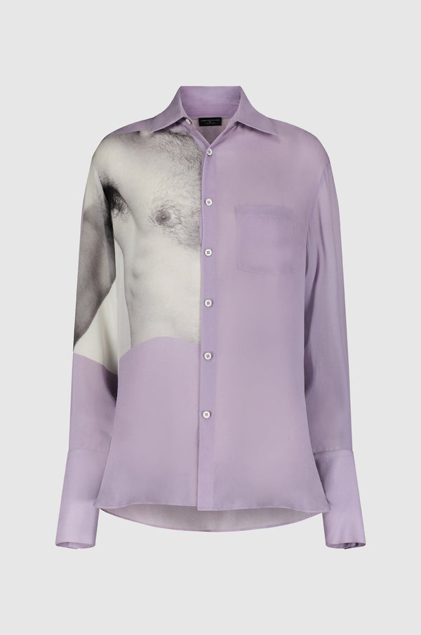 Long sleeve Lilac button up silk top including image of anatomically male nipple  