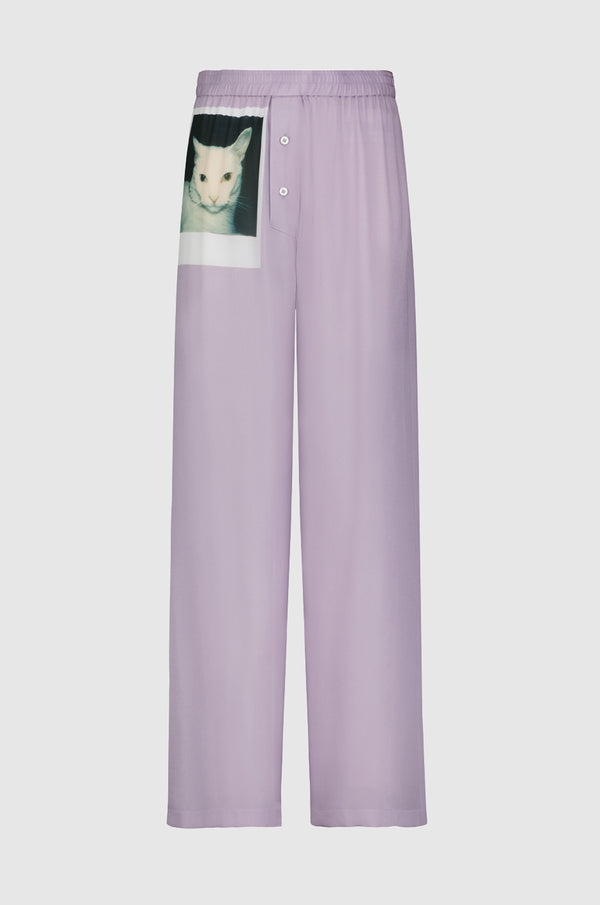 Lilac lounge pant with inkjet pint of Untitled (White cat) by Robert Mapplethorpe.