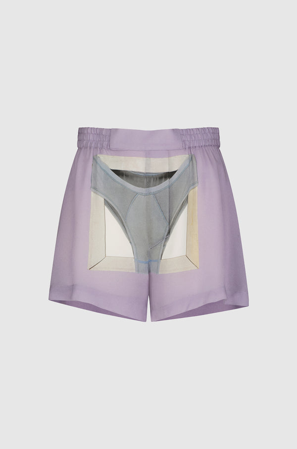 Lilac print silk boxer short featuring an inkjet print of Unititled (Blue underwear), 1970, by Robert Mapplethorpe.