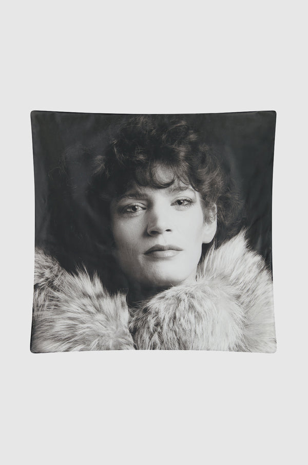 Black and white leather Euro Sham adorned with an inkjet print of Self Portrait, 1980, by Robert Mapplethorpe