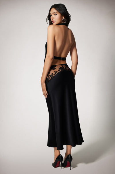 Black Silk Lace Inset Embroidered 
Regular Fit Midi Skirt Back