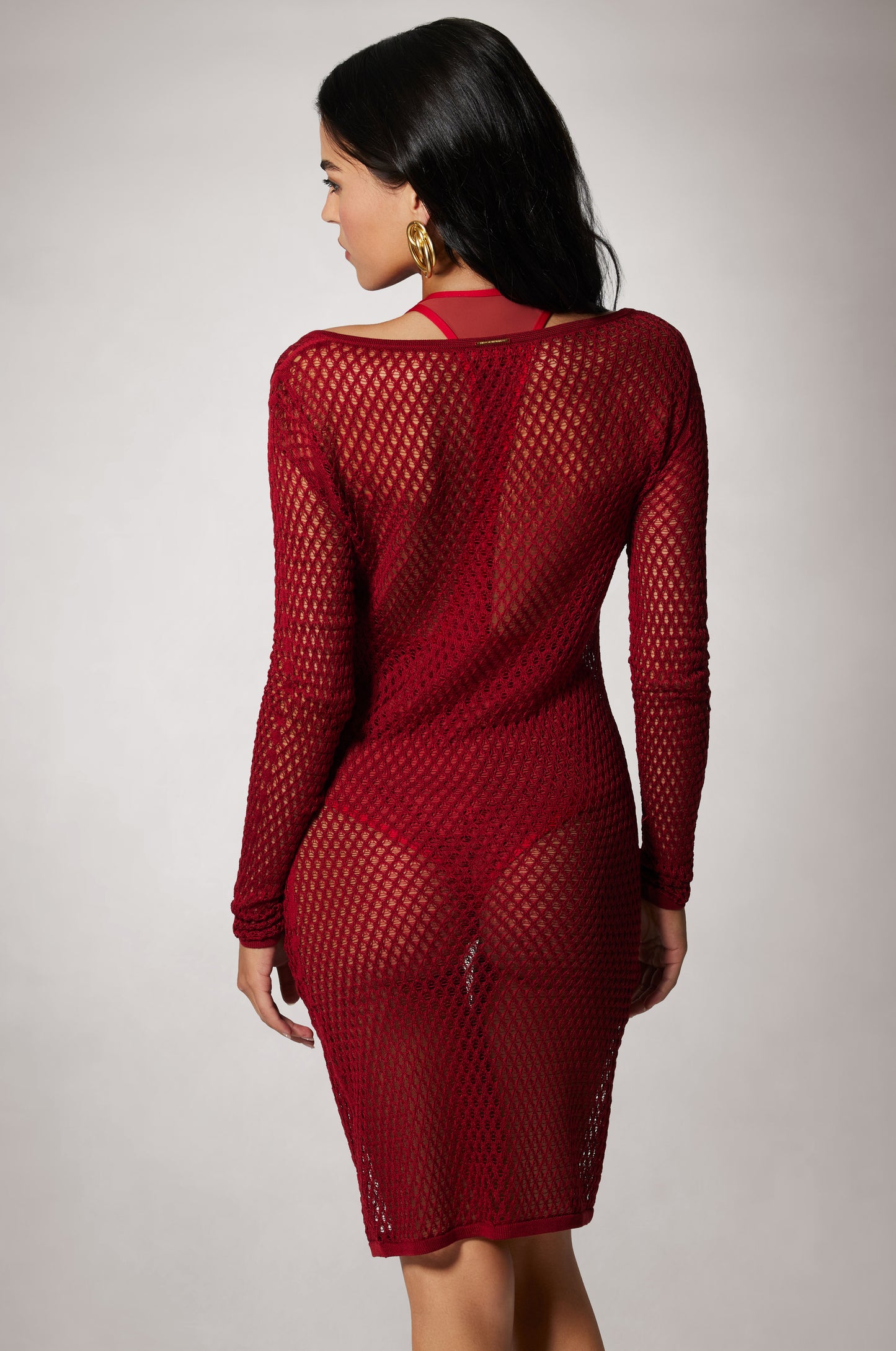 Red Crochet Scoop Neck Half Buttoned Long Sleeve Cover Up Mini Dress Back