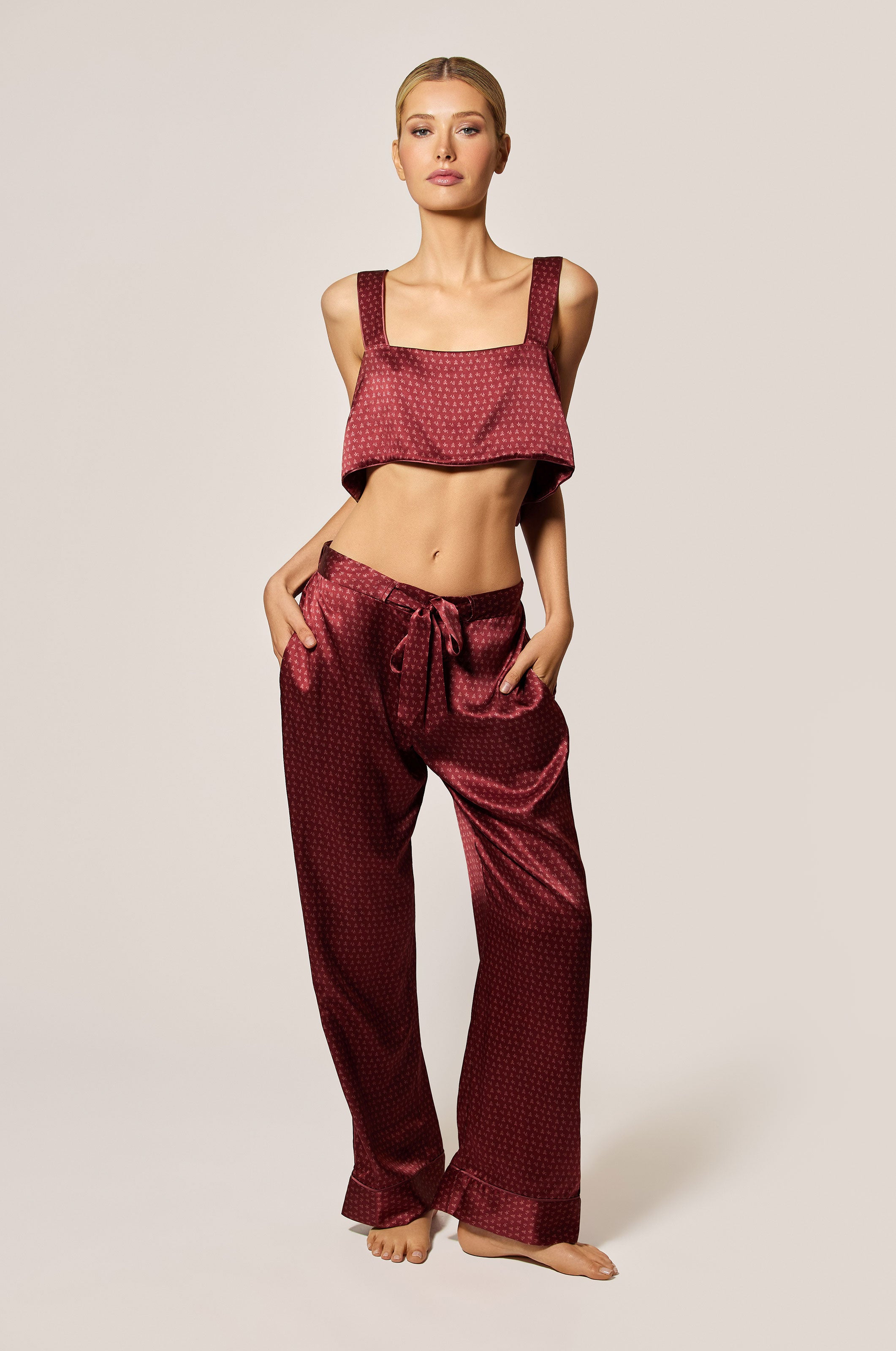 Brick Dust Red and Rose Fauvee Salmon Pink Silk Satin Motif Printed Bandeau Straps Top Front