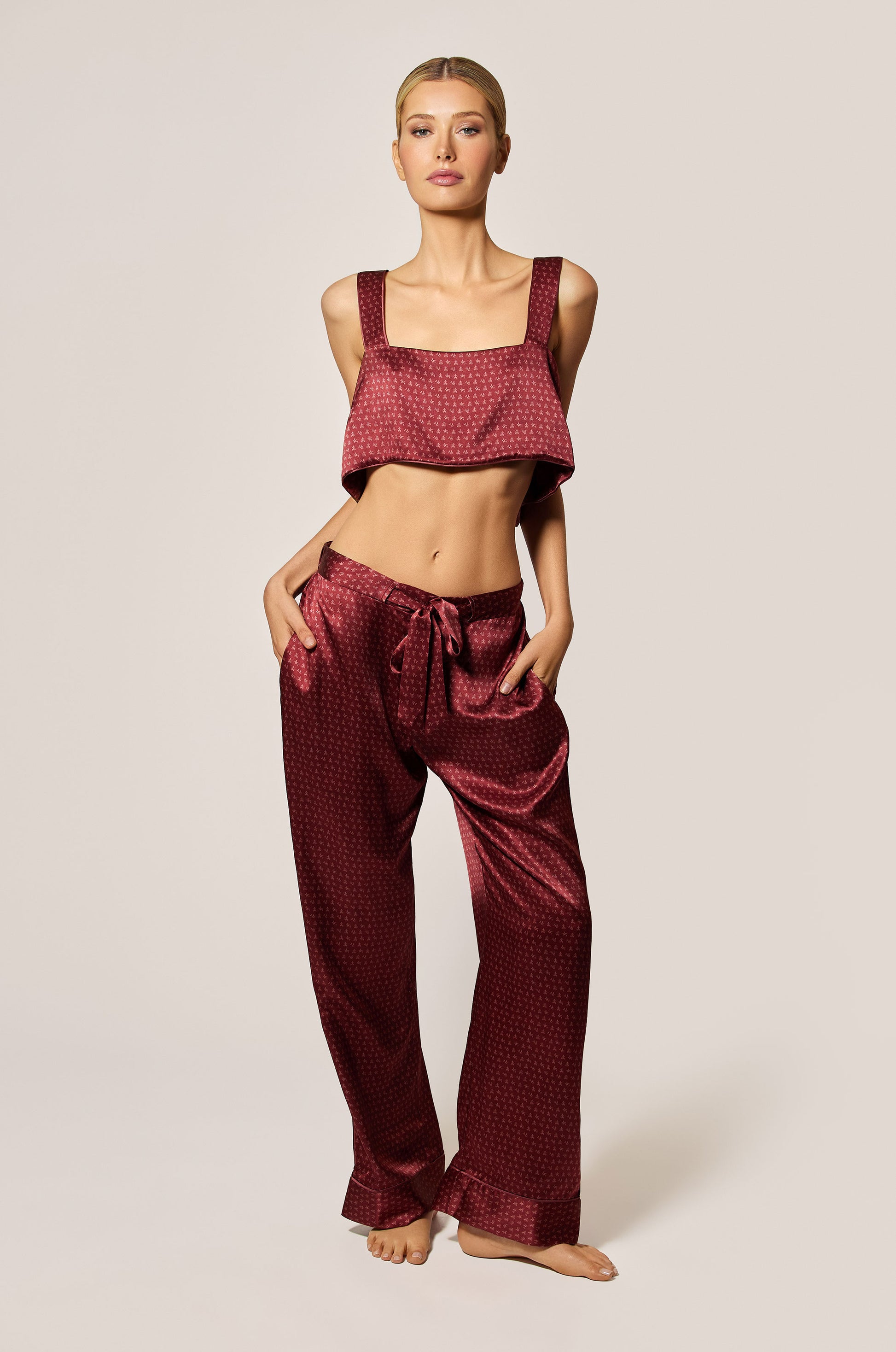 Brick Dust Red and Rose Fauvee Salmon Pink Silk Satin Motif Printed Bandeau Straps Top Front