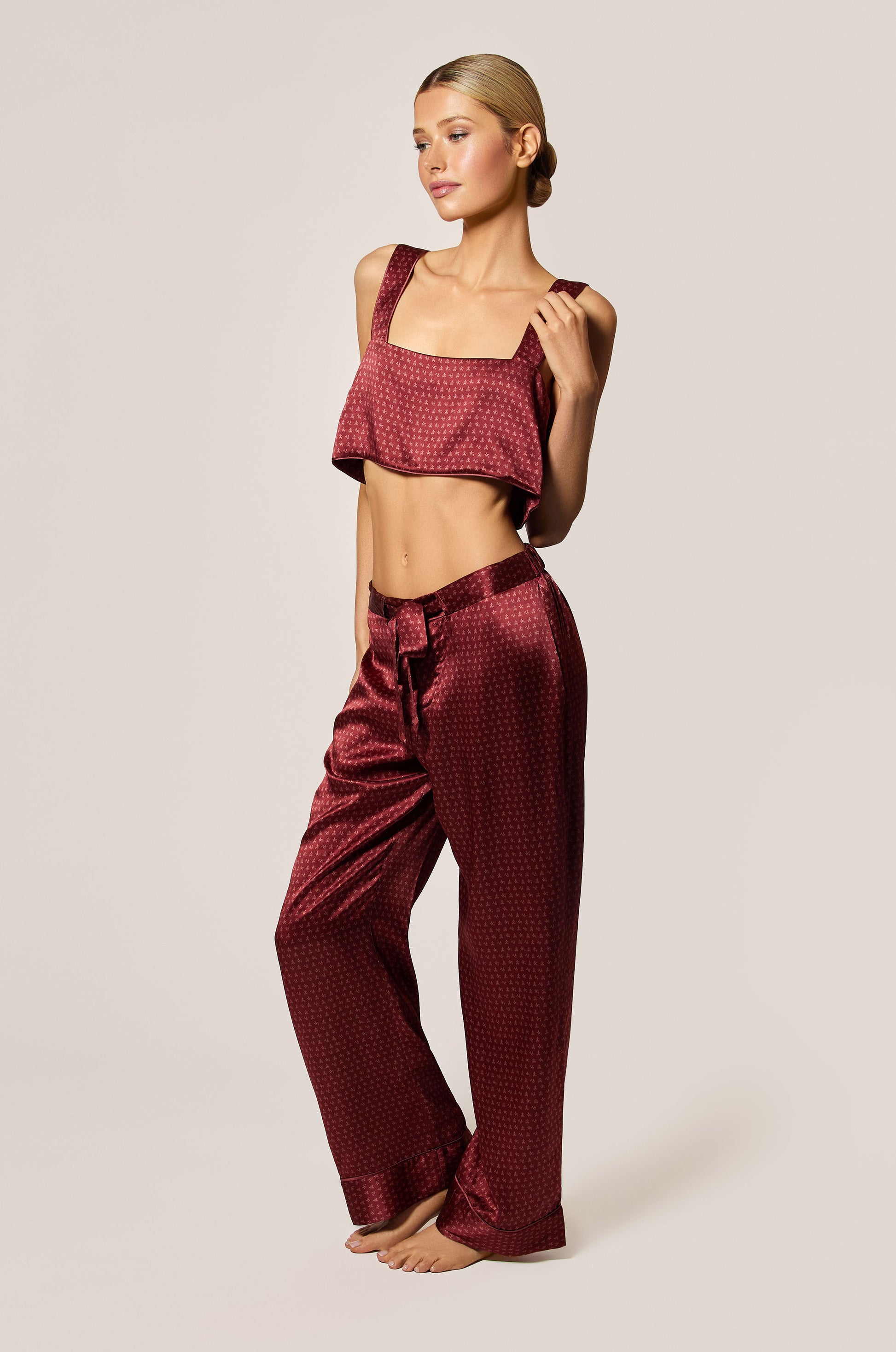Brick Dust Red and Rose Fauvee Salmon Pink Silk Satin Motif Printed Tie Pajama Pant Side Front