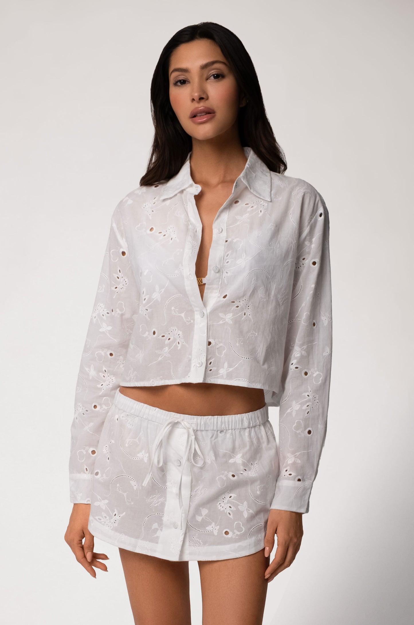 White Button Up Eyelet Cropped Cover Up Long Sleeve Shirt 