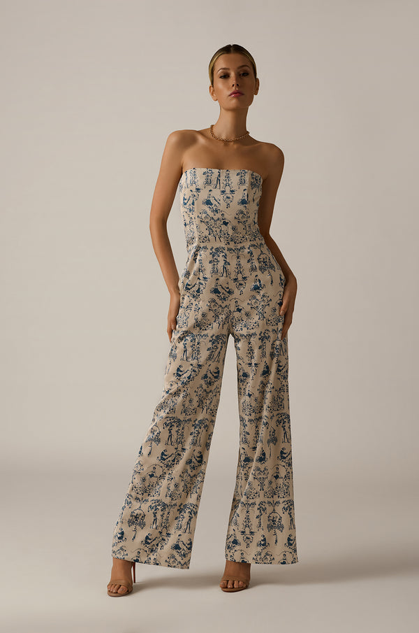 Toile print strapless jumpsuit wide leg front view