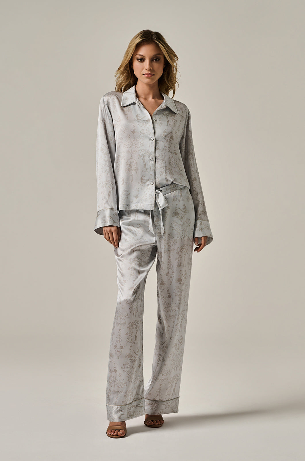 grey toile lounge tie up pant long front view