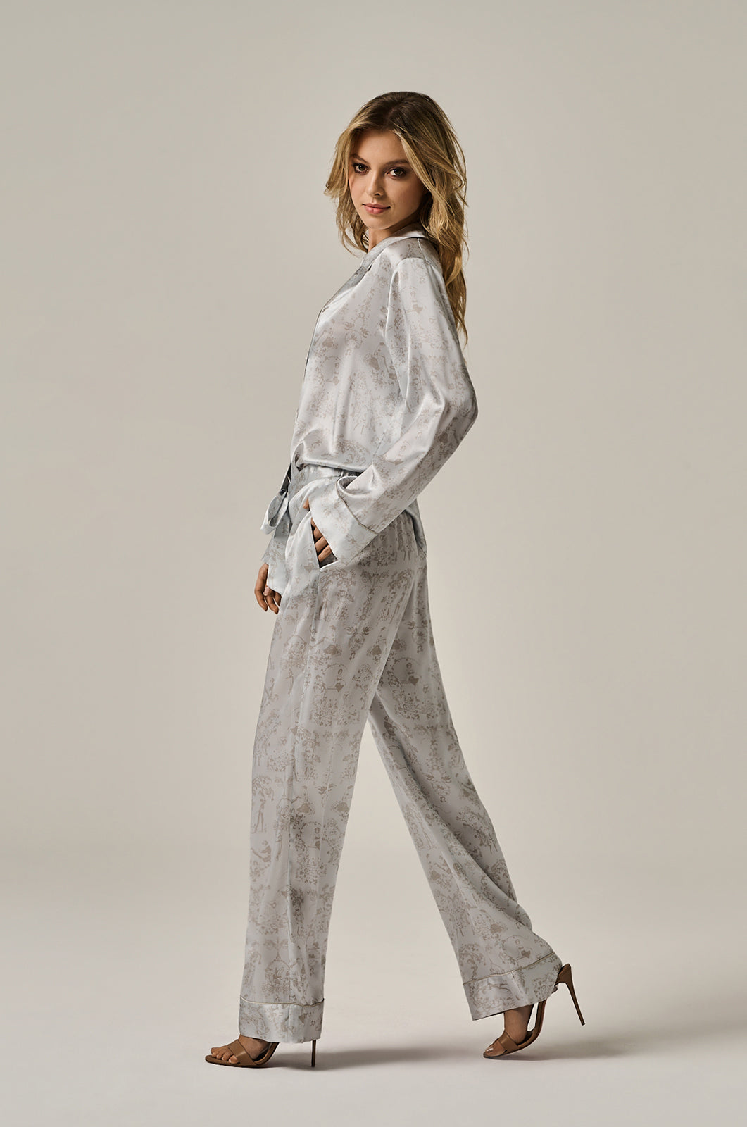 grey toile lounge tie up pant long side view