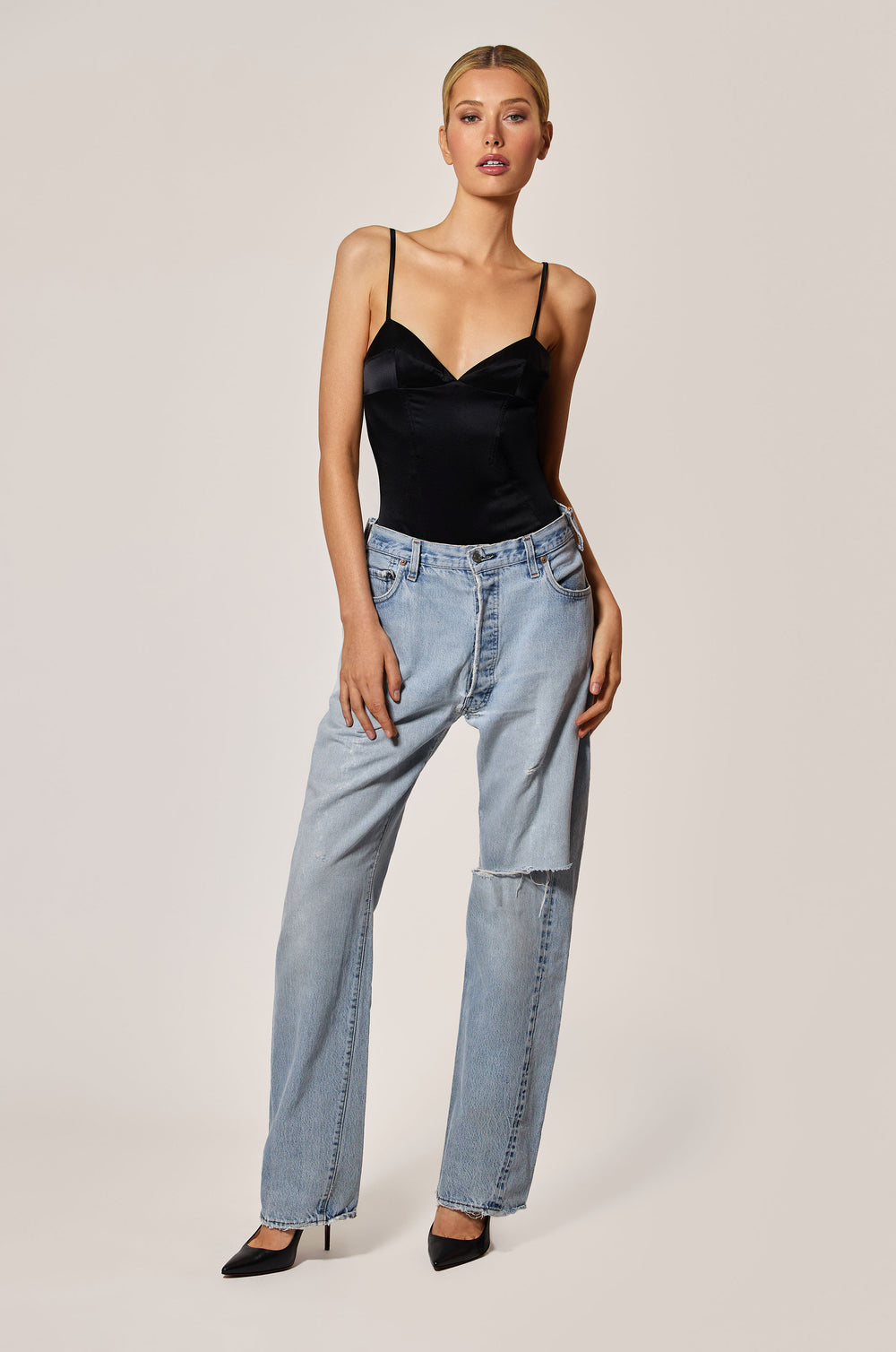 Black Satin Soft Bodysuit Front