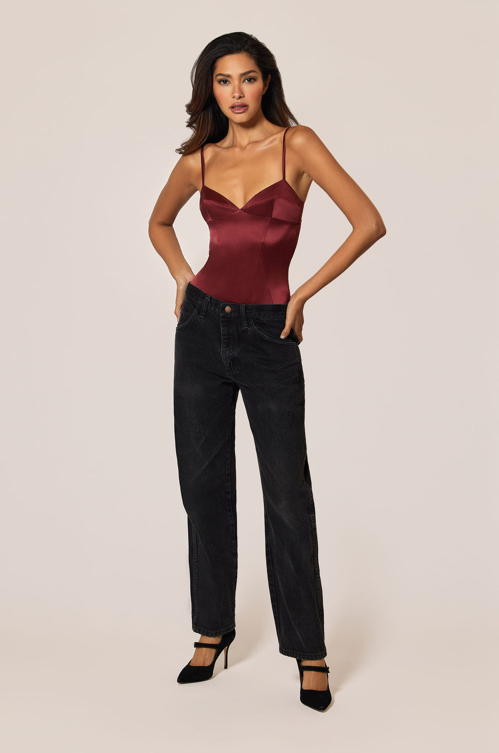 Brick Dust Red Pink Satin Soft Bodysuit Front