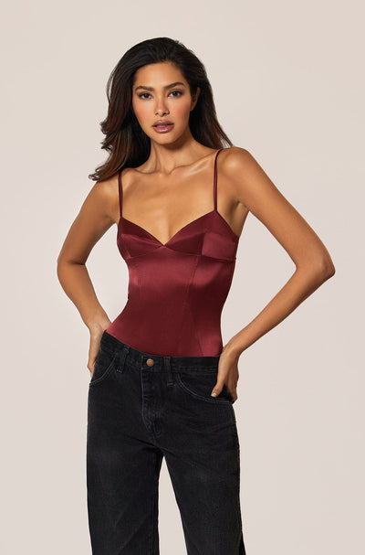 Brick Dust Red Pink Satin Soft Bodysuit Front