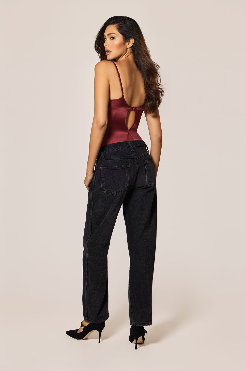 Brick Dust Red Pink Satin Soft Bodysuit Back