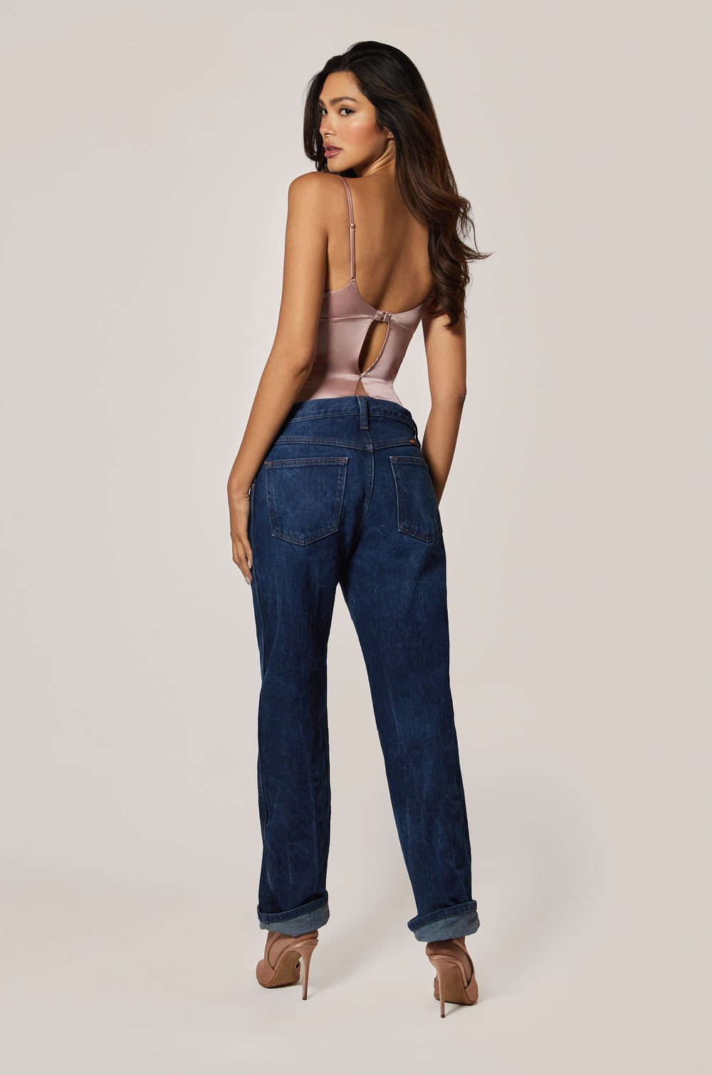 Buff Light Pink Satin Soft Bodysuit Back