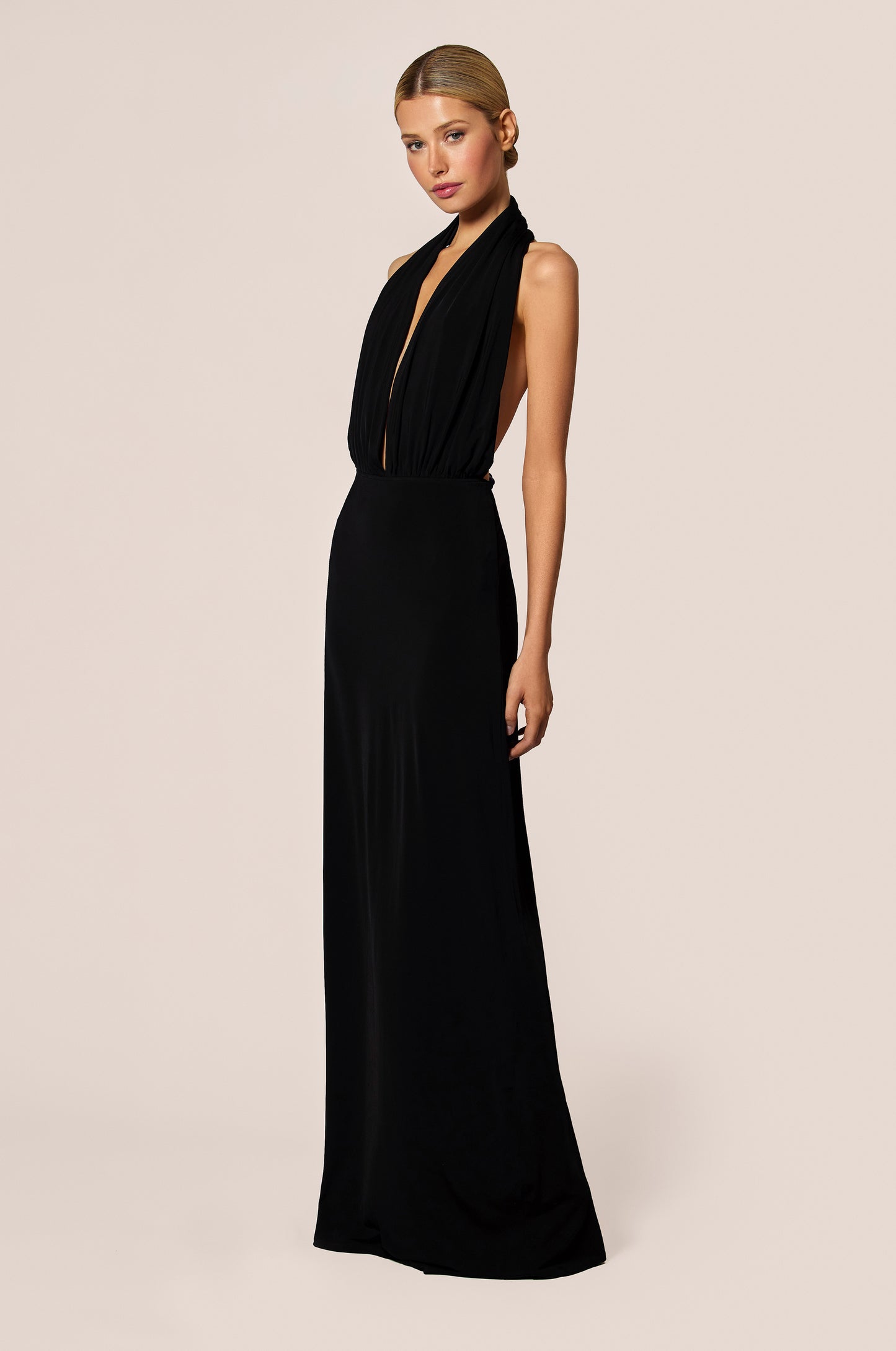 Black Stretch Jersey Halter Backless Evening Dress Gown, front