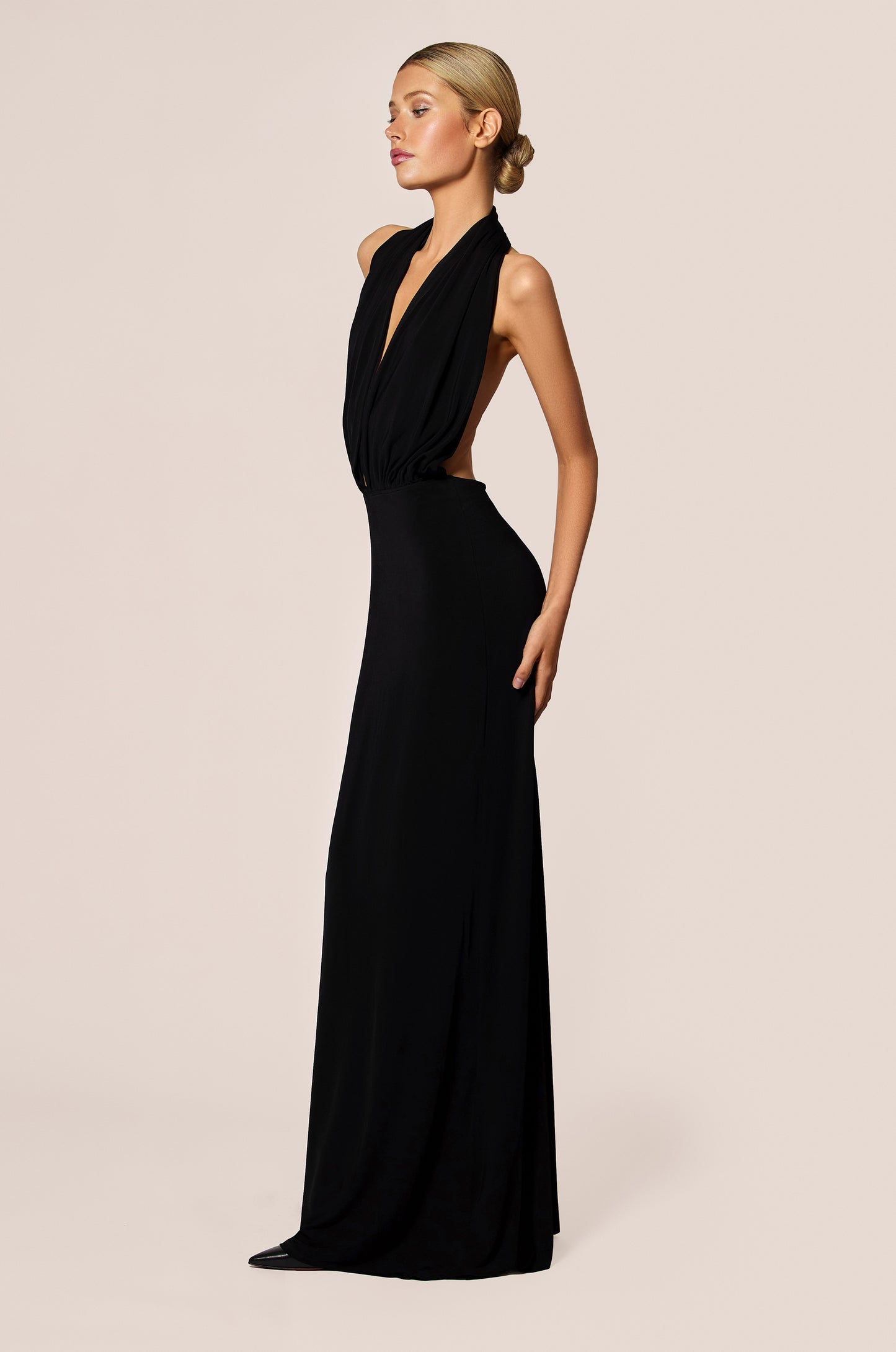 Black Stretch Jersey Halter Backless Evening Dress Gown, side