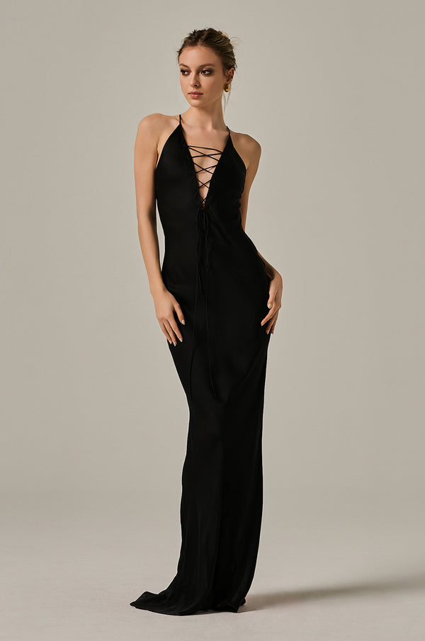 Black silk satin chiffon lace up long dress with laces at front in chest area. 