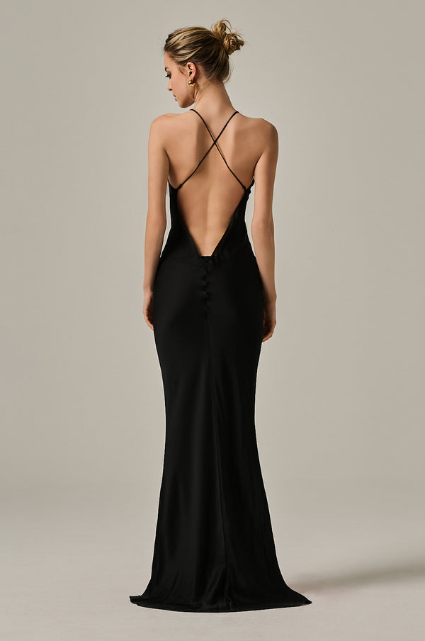 Black silk satin chiffon lace up long dress with laces at front in chest area.