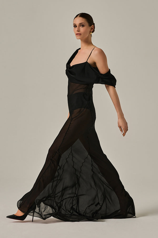 Silk chiffon black tank dress, see-through with lines crossing along body. Off shoulder with one adjustable strap. 