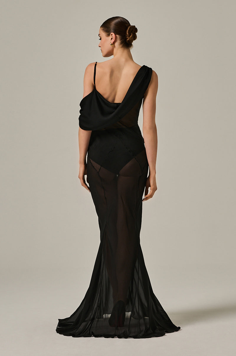 Silk chiffon black tank dress, see-through with lines crossing along body. Off shoulder with one adjustable strap. 