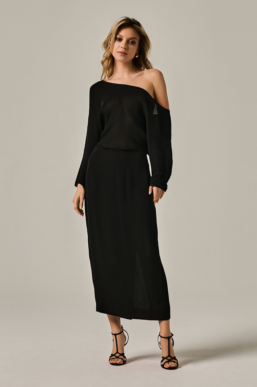 Silk  black georgette off shoulder on left side dress. Center back slit