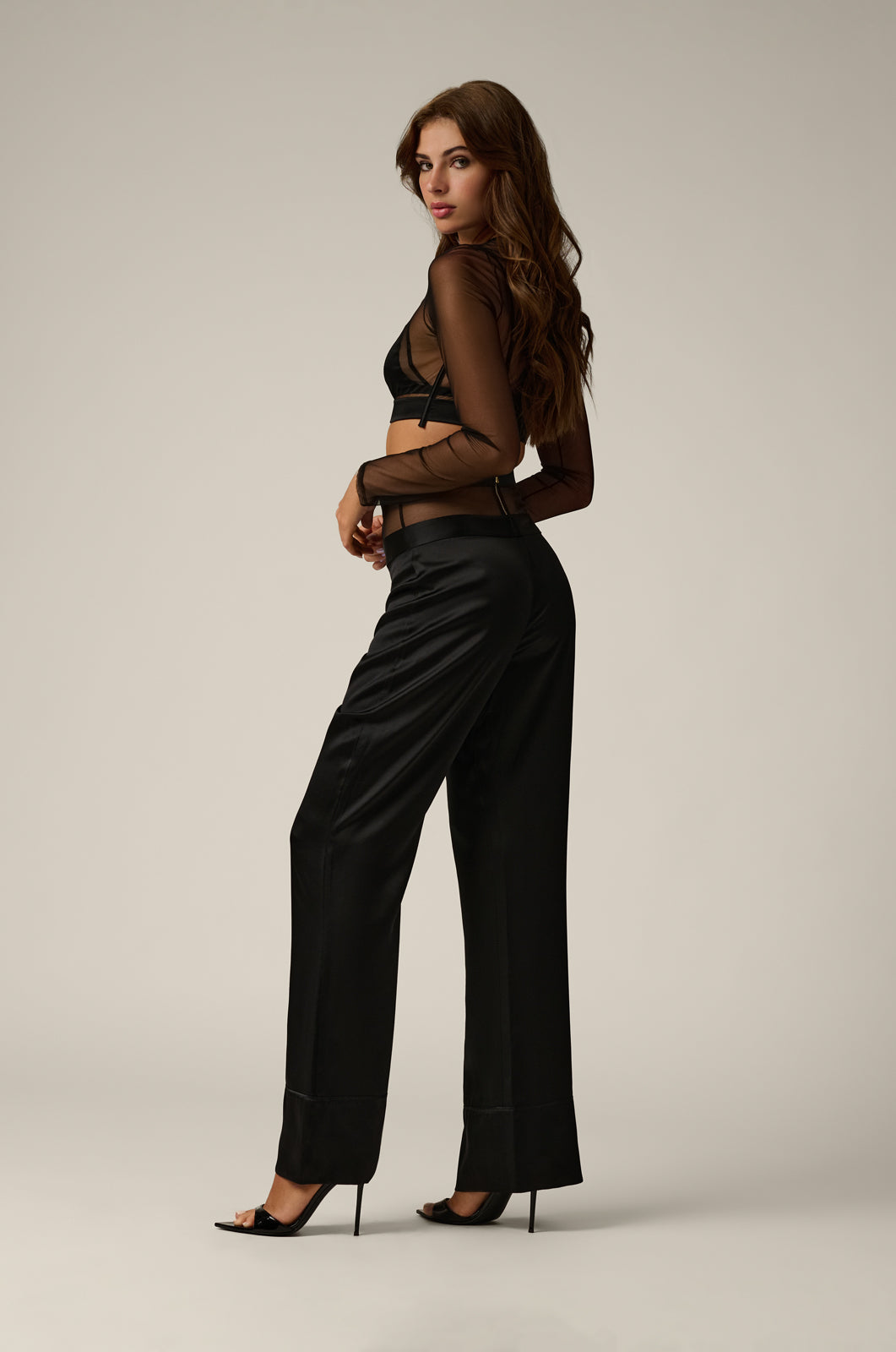 Sheer cropped long sleeve see through top black side/back view