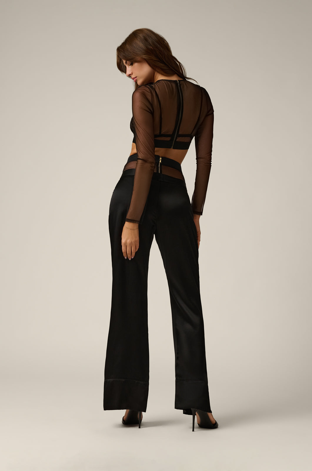 Sheer cropped long sleeve see through top black back view