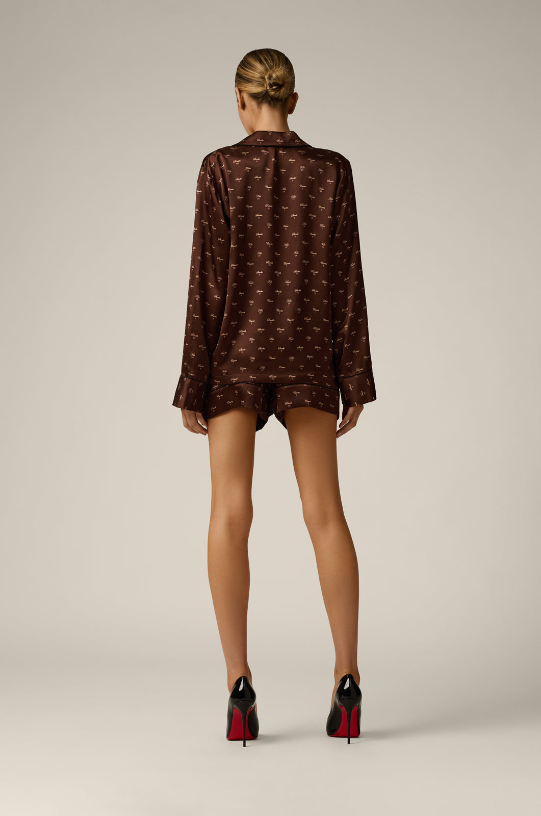 signature print long sleeve button up silk lounge top back view