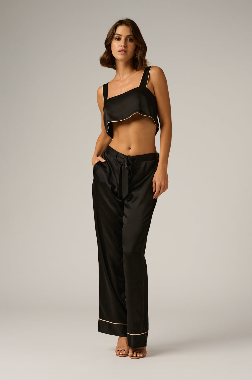 Black silk charmeuse pj lounge pant ties in the front