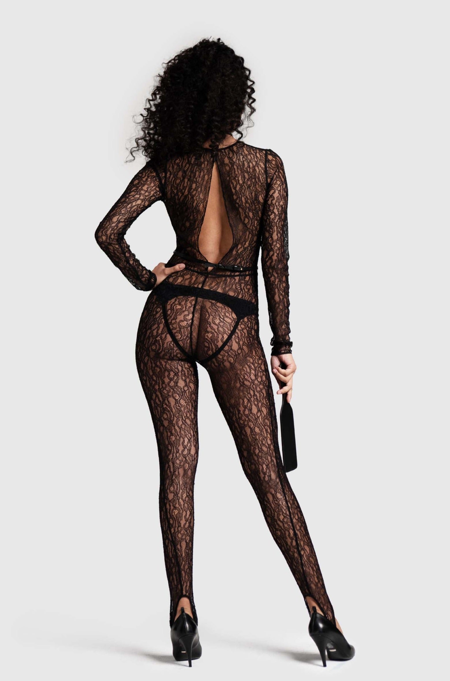stretch French lace catsuit in black, back slit